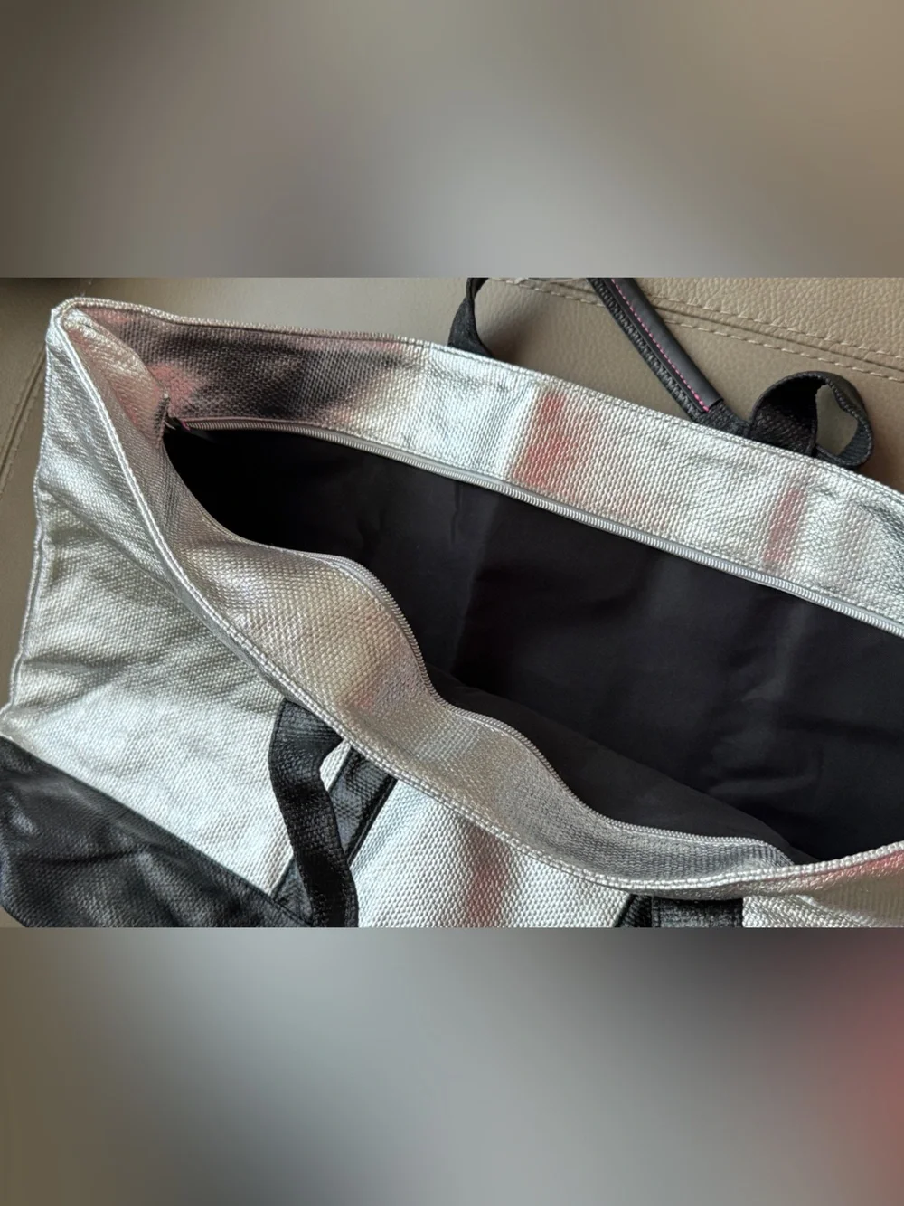 Victoria's Secret Silver Metallic Duffel with Black Trim